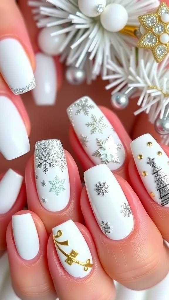 Elegant white Christmas nail art designs including matte and glossy finishes with festive decorations.